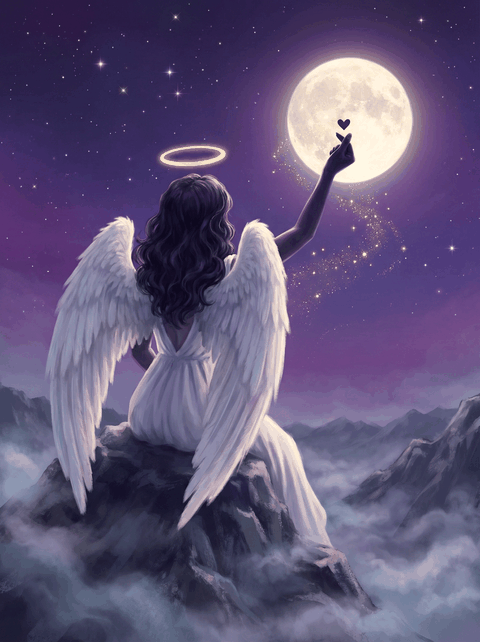 An angel with dark hair and white wings making a finger heart with her left hand, stardust trailing toward the moon