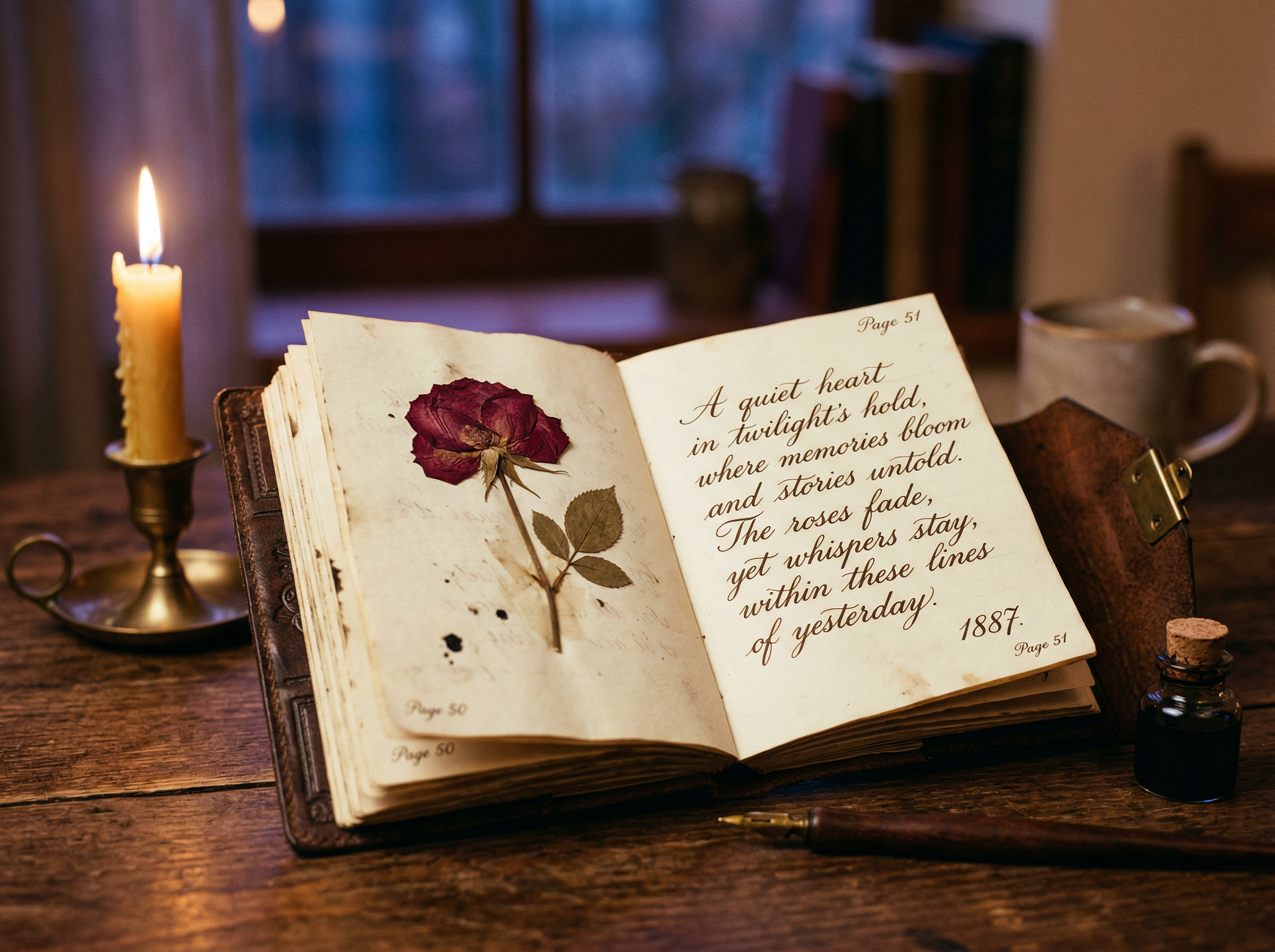 An open vintage diary with handwritten poetry and a pressed rose