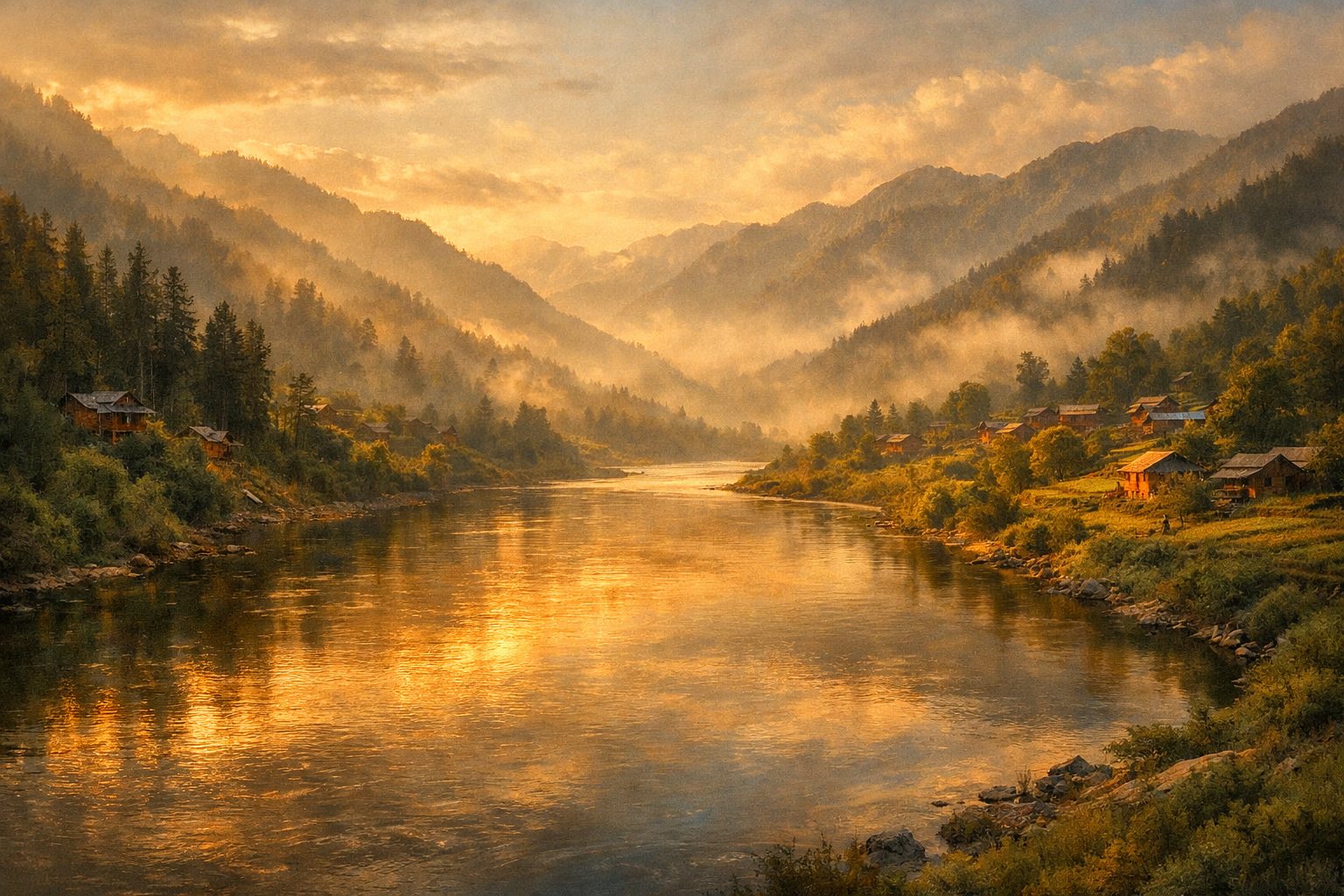The Jhelum River flowing through a lush valley in Kashmir at golden hour