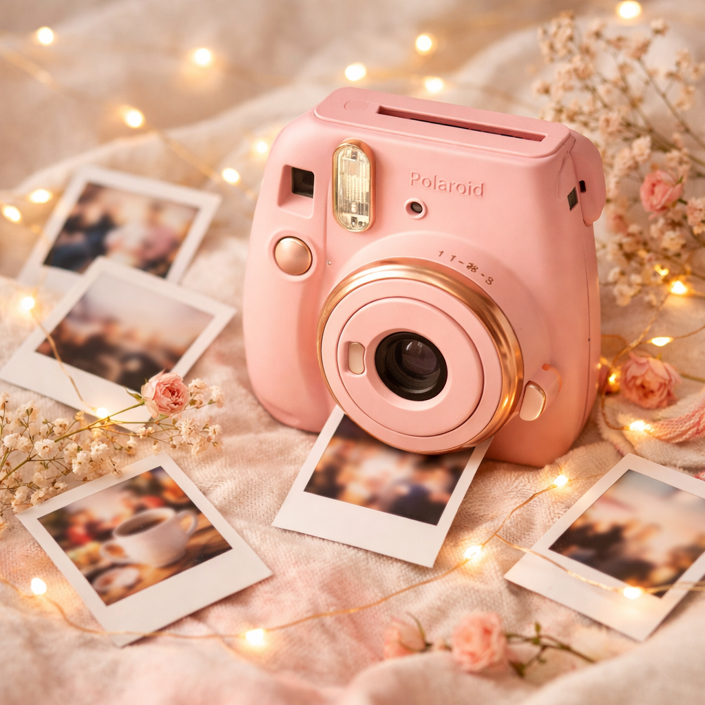 A pink Polaroid camera surrounded by scattered photos, dried flowers, and fairy lights