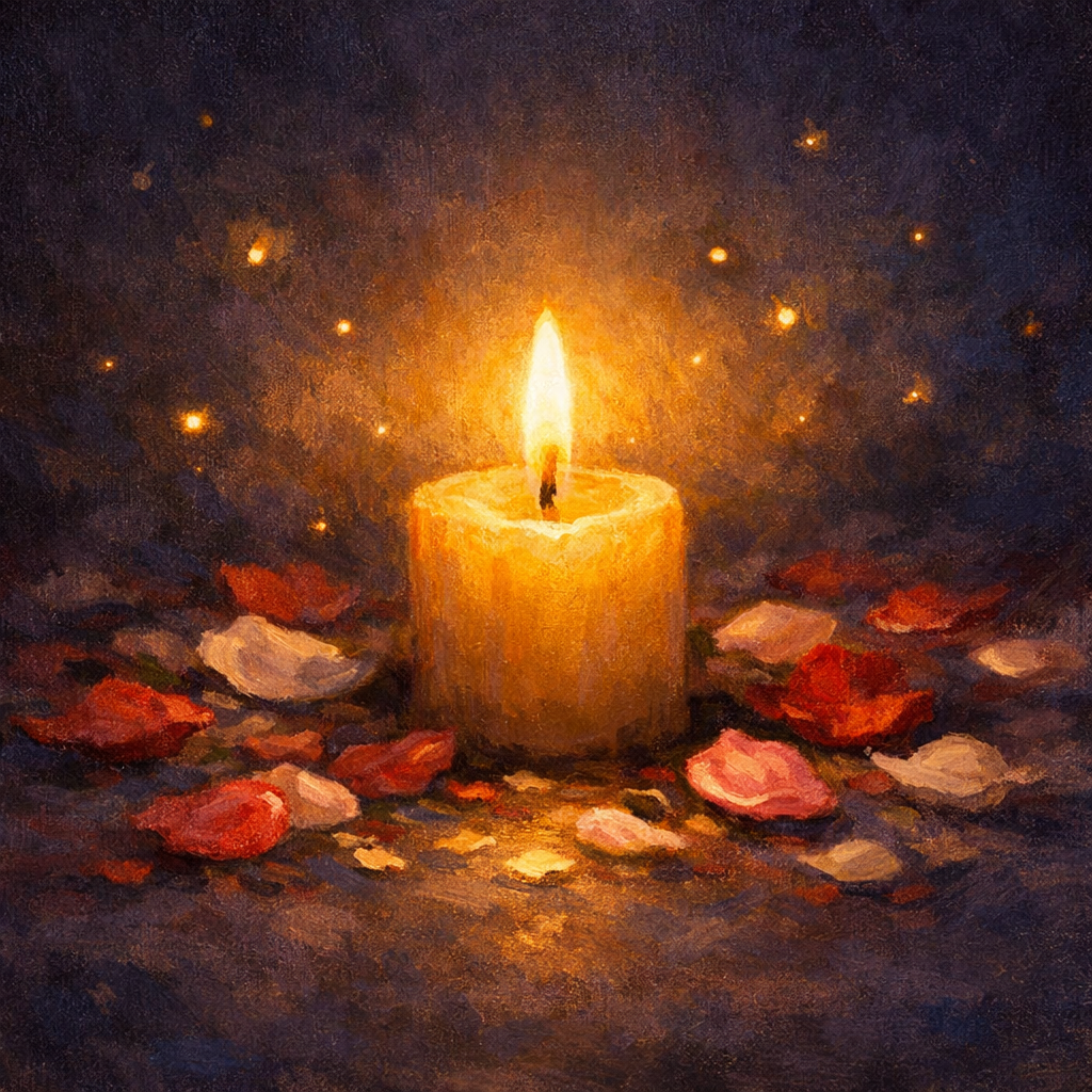 A glowing candle surrounded by flower petals